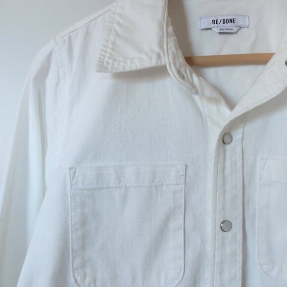RE/DONE white denim shirt pearl snap crop XS western cowgirl casual cotton rodeo - Picture 4 of 10